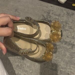 Mini Melissa Gold Glitter Floral Kids Dress Shoes